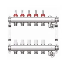 Коллекторная группа для водяного теплого пола на 5 выходов STI СМ5F в сборе с расходомерами нержавеющая сталь 304