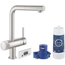 Смеситель для мойки GROHE Blue Pure Minta 30382DC0 без электроники с L-образным выдвижным изливом, для подачи смешанной и фильтрованной воды, с головкой для фильтра, фильтр с активированным углем на 3000 л (40547001) и счетчиком, цвет: суперсталь